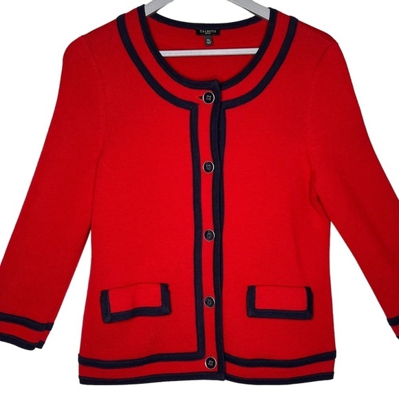 Talbots Cardigan Sweater Red Navy Trim 3/4 Sleeve Pockets Heavy Knit Size Med P - Picture 5 of 12